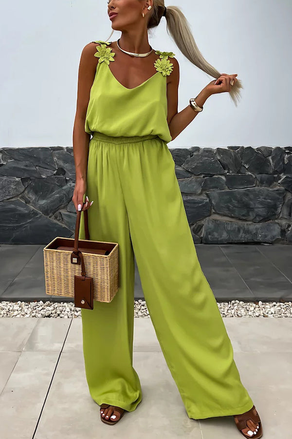 Summer Jumpsuit loose with embroidered flowers and plain straps for an elegant and comfortable style