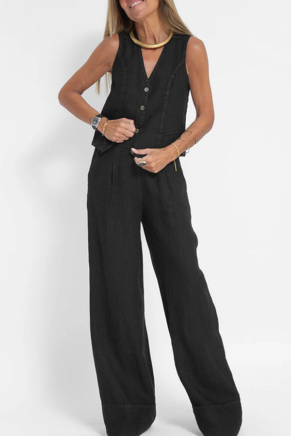 Linen blazer with buttons and elasticated waist trousers with pockets and wide legs