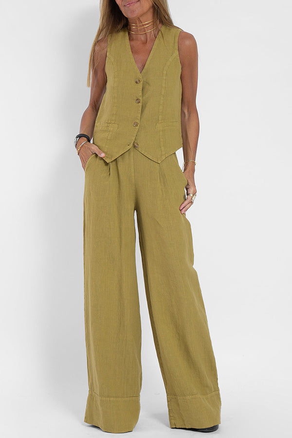 Linen blazer with buttons and elasticated waist trousers with pockets and wide legs