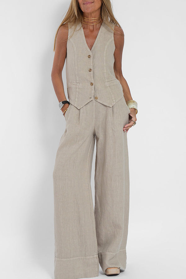 Linen blazer with buttons and elasticated waist trousers with pockets and wide legs