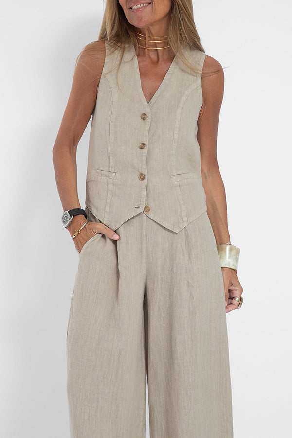 Linen blazer with buttons and elasticated waist trousers with pockets and wide legs