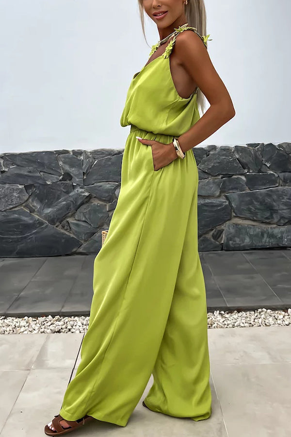 Summer Jumpsuit loose with embroidered flowers and plain straps for an elegant and comfortable style