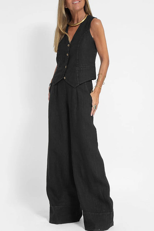 Linen blazer with buttons and elasticated waist trousers with pockets and wide legs