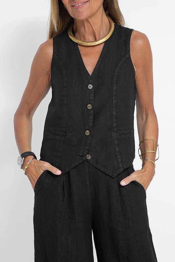 Linen blazer with buttons and elasticated waist trousers with pockets and wide legs