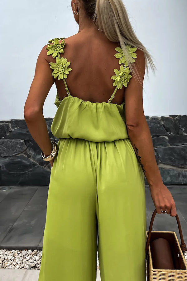 Summer Jumpsuit loose with embroidered flowers and plain straps for an elegant and comfortable style