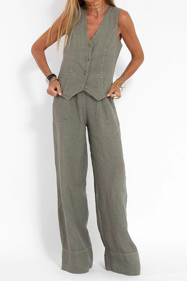 Linen blazer with buttons and elasticated waist trousers with pockets and wide legs