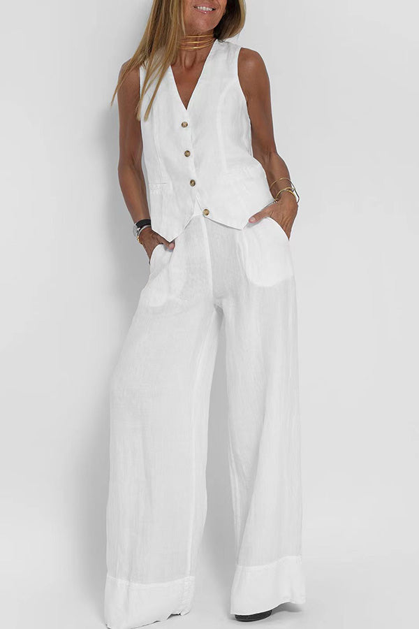 Linen blazer with buttons and elasticated waist trousers with pockets and wide legs