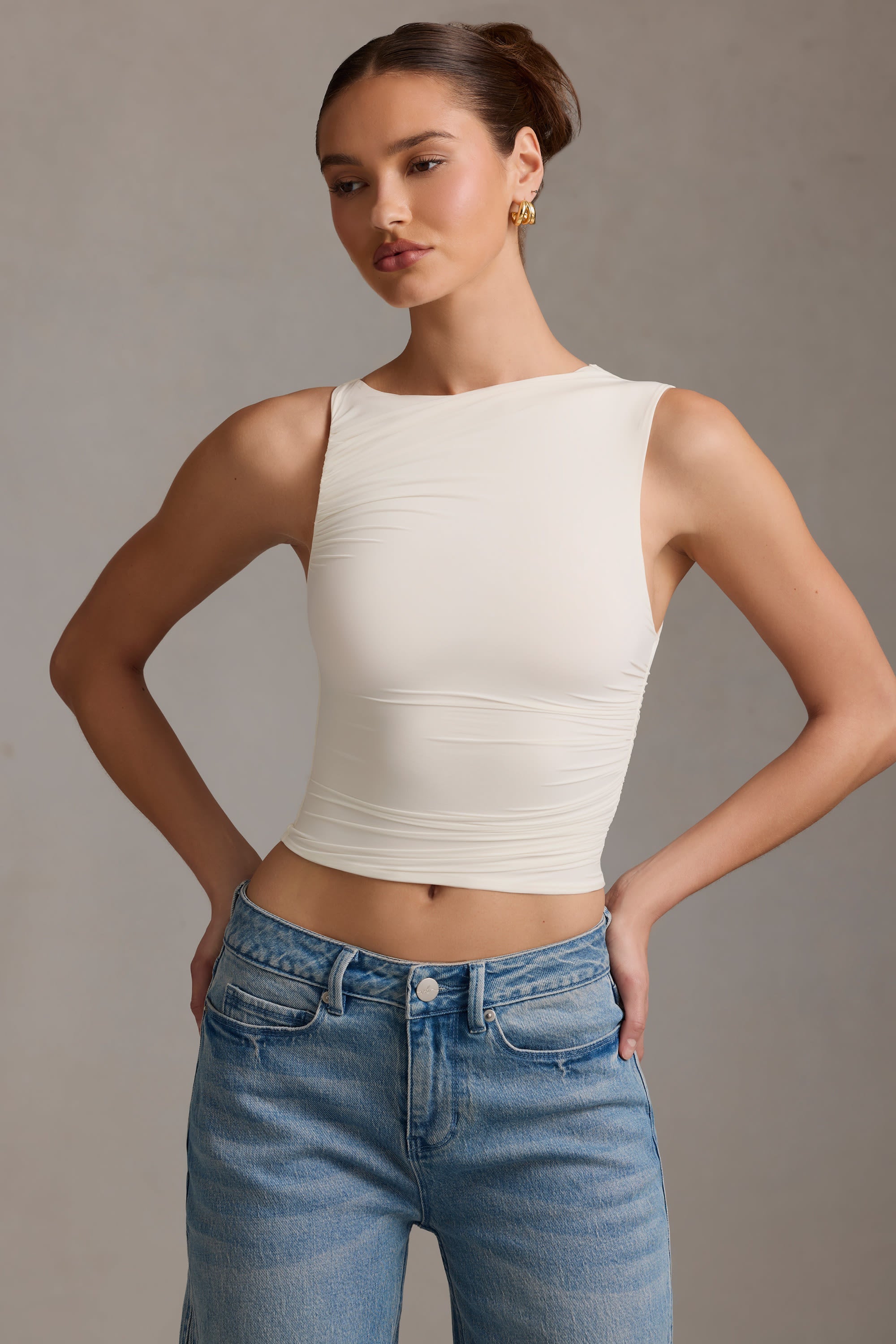 Chic Asymmetric Ruffled Tank Top in Cream Vanilla