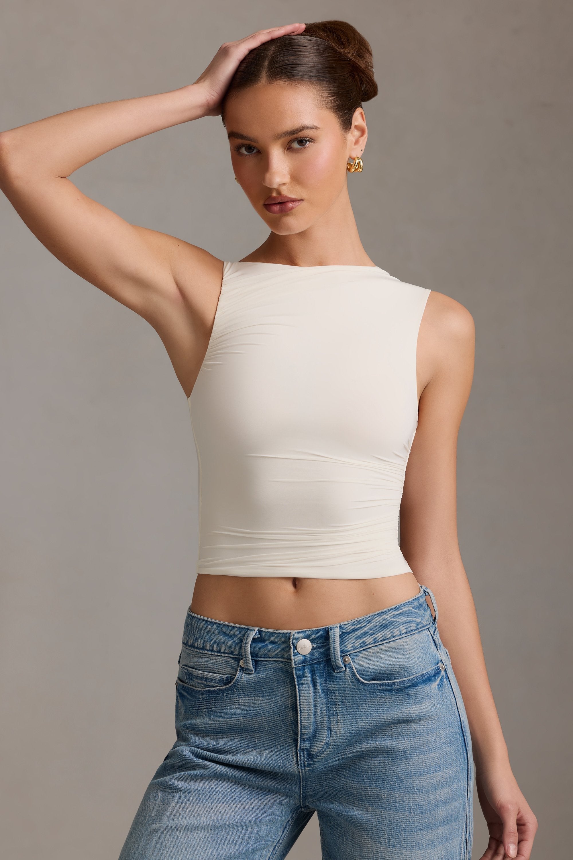 Chic Asymmetric Ruffled Tank Top in Cream Vanilla