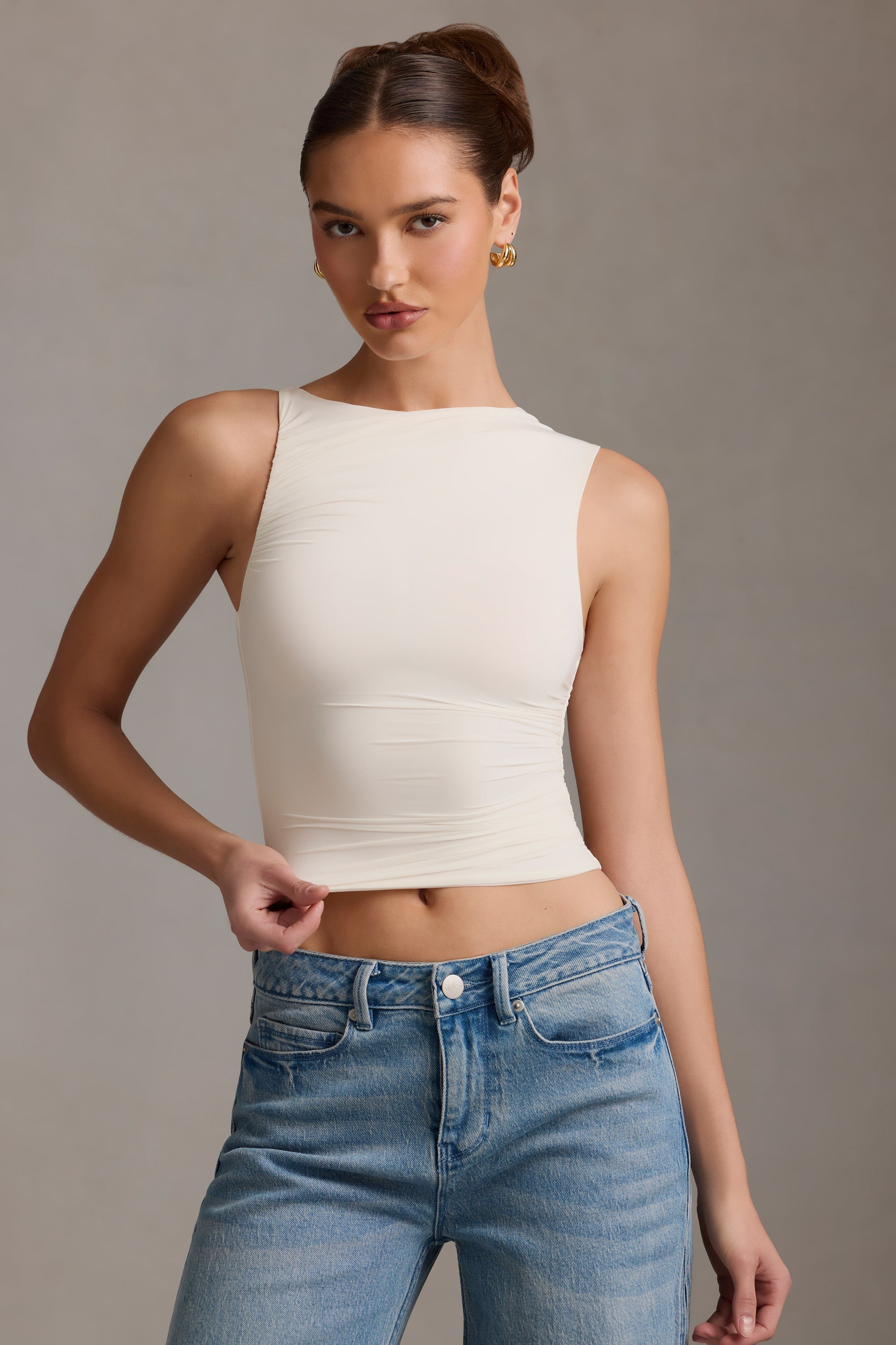 Chic Asymmetric Ruffled Tank Top in Cream Vanilla
